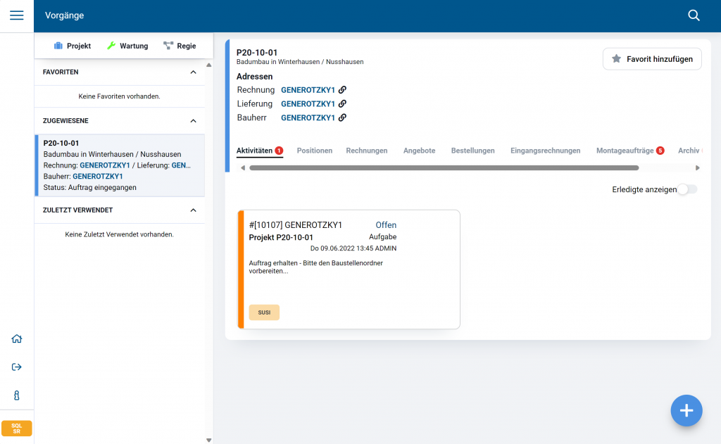 Vorgangsanzeige - Aktivitäten